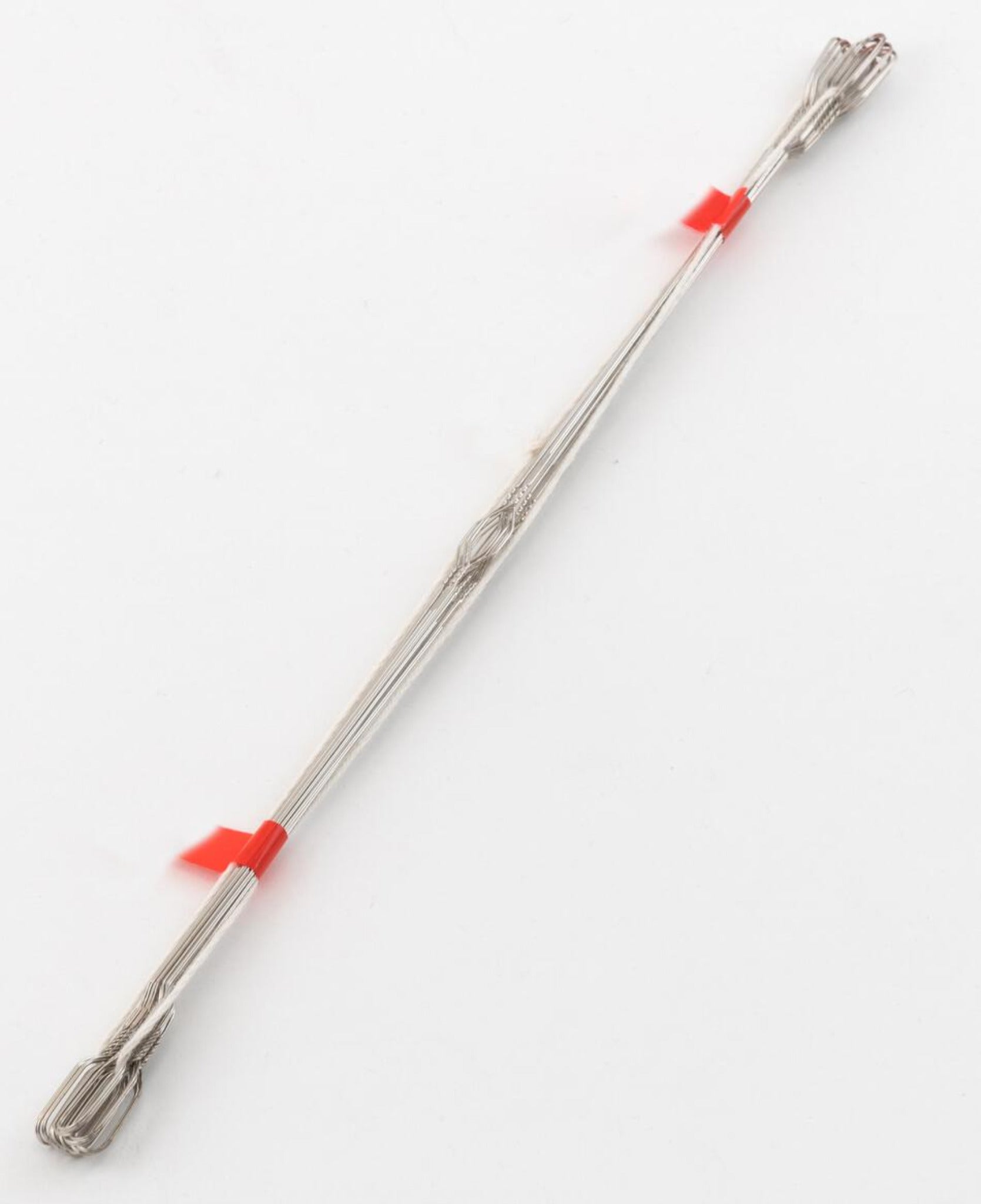 A Wire Repair Heddle, from the brand Leclerc Looms, is a long, thin object made of flat steel featuring a double-pronged fork on each end and red bands near the prongs against a white background.