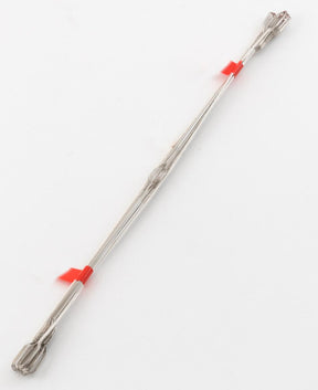 A Wire Repair Heddle, from the brand Leclerc Looms, is a long, thin object made of flat steel featuring a double-pronged fork on each end and red bands near the prongs against a white background.