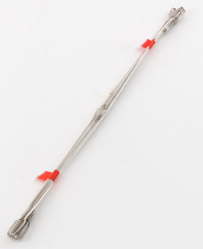 The Wire Repair Heddle from Leclerc Looms, featured as part of a 12-pack, consists of a silver metal wire resembling flat steel heddles. It is bent into a long, narrow loop with several twists and folds, securely fastened at two points with red plastic ties. The wire appears to be designed for industrial or crafting purposes and is photographed against a plain white background.