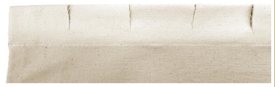 A close-up image of a white Leclerc Canvas Apron from Leclerc Looms shows a sewn hem. Near the edge, several evenly spaced vertical slits, characteristic of warp beam apron construction on Leclerc Loom canvas aprons, can be seen. The fabric's slightly textured appearance suggests the beginning of a design or construction detail.