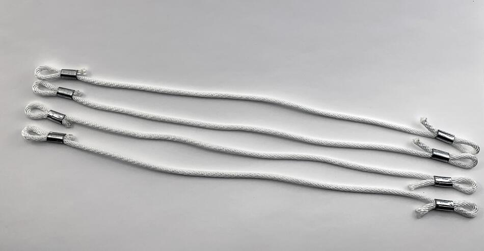 Four Leclerc roller cords for Mira and Fanny Looms, featuring white ropes with metal hooks on both ends, are arranged in parallel lines on a plain, light-colored surface. The cords appear twisted, and the metal hooks have a secure, looped design at the ends of each rope, similar to what you'd find in Leclerc Looms' counter-balanced loom setups.