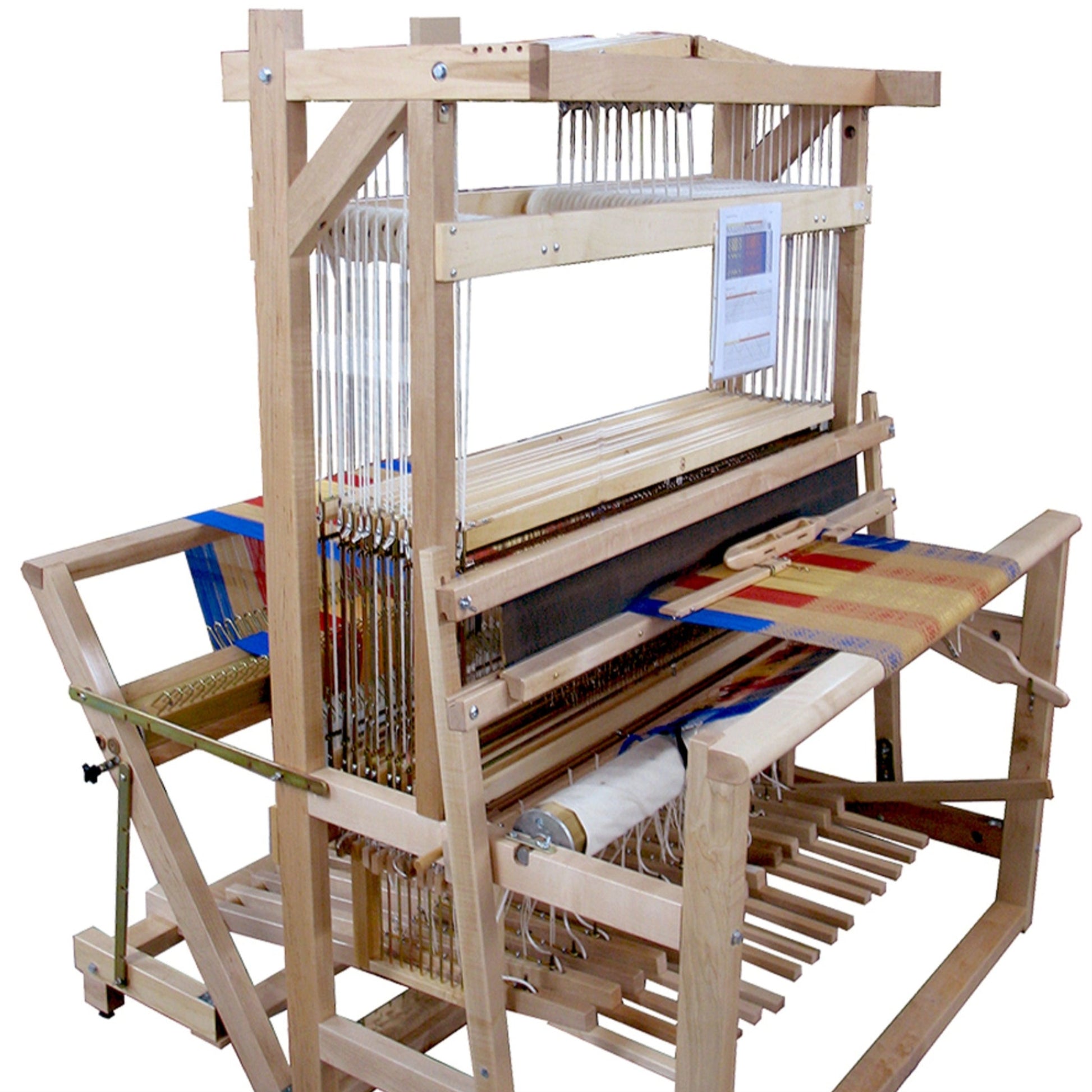 Displayed in this image is the Leclerc Colonial V2 Overhead Beater for 45" and 60" looms, manufactured by Leclerc Looms. This wooden handloom features various components including heddles, beams, and pedals. A colorful woven fabric is partially completed on the loom.