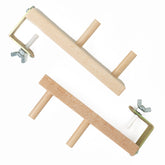 Two Leclerc Warping Pegs from Leclerc Looms with wing nut screws and metal brackets, set against a white background. These wooden pegs feature cylindrical handles and are positioned diagonally in opposite directions, similar to those used in textile crafts.