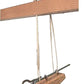 A Leclerc Treadle Hook from Leclerc Looms consists of a wooden stick with a string tied to it, suspending a smooth, rectangular wooden piece. The piece features a metal rod hooked onto it, which is secured by three loops of string. This setup seems to be designed as part of a lifting or hanging mechanism.