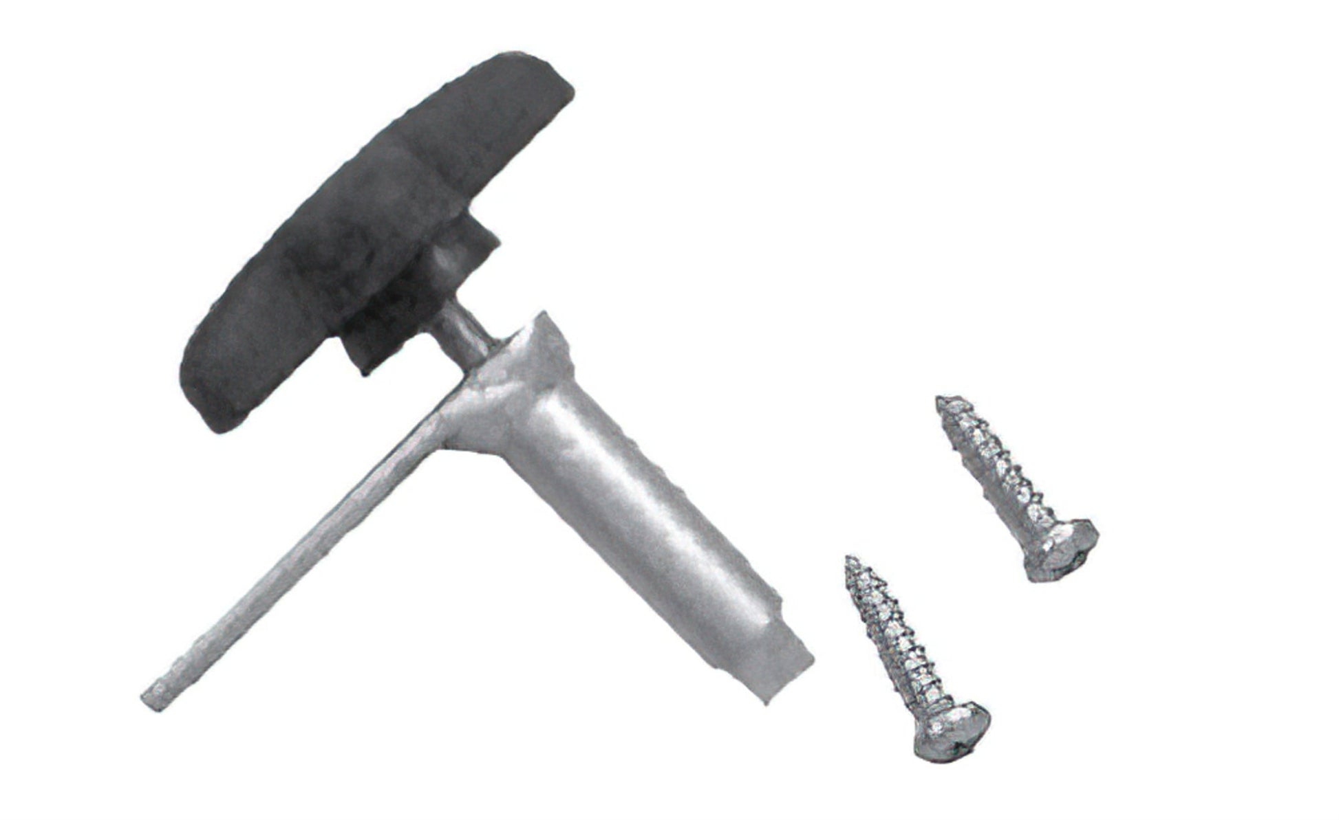 The Leclerc Warp Beam Advance Control System from Leclerc Looms is shown in the image, featuring a mechanical wall anchor with a black cap and silver metal shaft, accompanied by two silver screws on a white background.