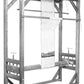 A black and white image features the Leclerc Gobelin Tapestry Loom by Leclerc Looms. The vintage upright loom is fitted with vertically arranged threads, indicative of its setup for traditional tapestry weaving. Its sturdy wooden frame includes several horizontal beams and cranks, typically used to tension the fabric.