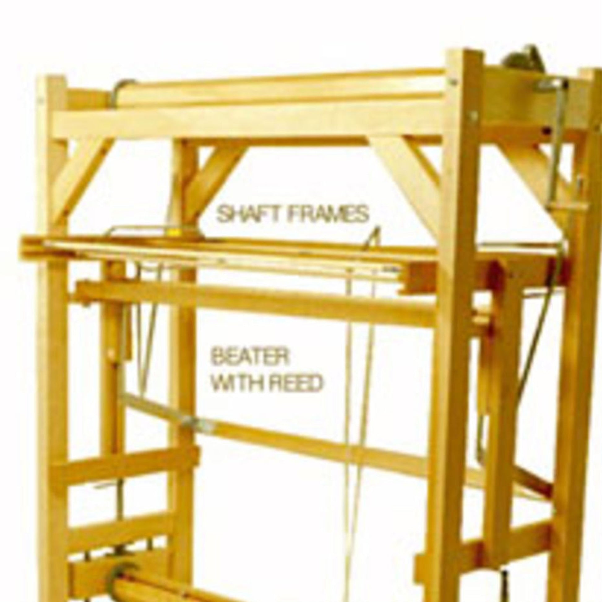 The Leclerc Gobelin Tapestry Loom by Leclerc Looms is a wooden loom structure with labeled parts designed for traditional tapestry weaving. The top section is marked "Shaft Frames," and the middle section is labeled "Beater with Reed." This vertical tapestry loom features a 2-shaft configuration and is composed of various wooden beams and supports.