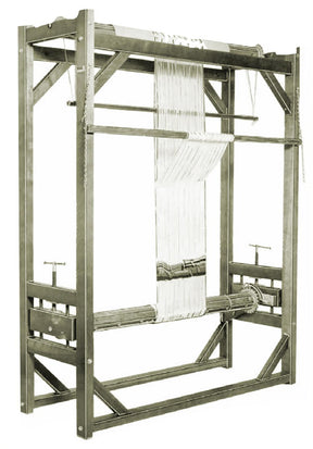 The Leclerc Gobelin Tapestry Loom by Leclerc Looms is an antique mechanical loom featuring a wooden frame, various pulleys, and vertically stretched threads for traditional tapestry weaving. The loom also has visible handles and gears for adjusting tension and pattern creation.