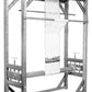 A black and white image of the Leclerc Gobelin Tapestry Loom by Leclerc Looms, a traditional vertical tapestry loom used for weaving textiles. The loom consists of a wooden frame with vertical and horizontal bars, through which numerous threads are strung and held tight. Various mechanisms, including a 2-shaft configuration, are attached for operating the loom.