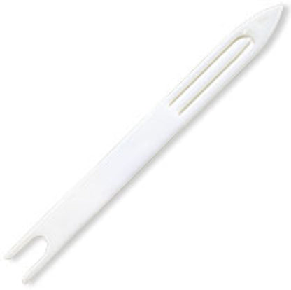 A white plastic netting shuttle with a forked tip and a long, flat blade crafted from durable nylon by Leclerc Looms. It features a slotted design in the center and is angled slightly to the right on a plain white background.