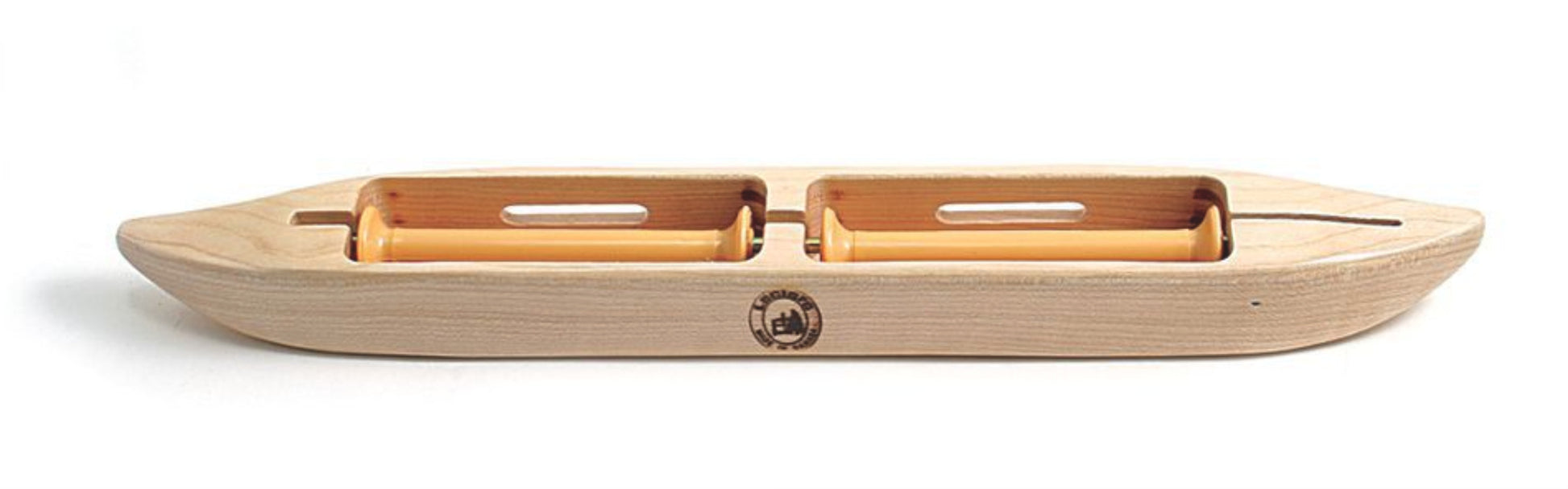 The Leclerc Double-Bobbin Boat Shuttle by Leclerc Looms is a light brown, elongated shuttle with a smooth finish that ensures even tension for hassle-free weaving. The sleekly designed shuttle features the brand's logo stamped near the middle.