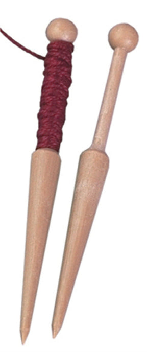 12 Leclerc 5" Plastic Tapestry Bobbins, designed by Leclerc Looms, offer ease of use for your crafting projects. Each bobbin features a traditional shape with rounded ends and tapered points, with one wrapped in red thread and the others plain.