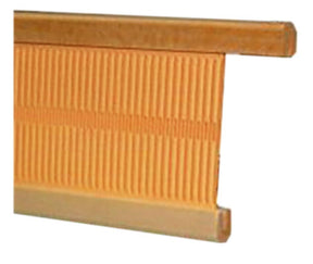 Close-up view of the Leclerc 24" Bergere Rigid heddle Reed by Leclerc Looms, featuring a series of vertical slots (dents) for keeping the warp threads separate. The reed is attached to a rectangular wooden frame.