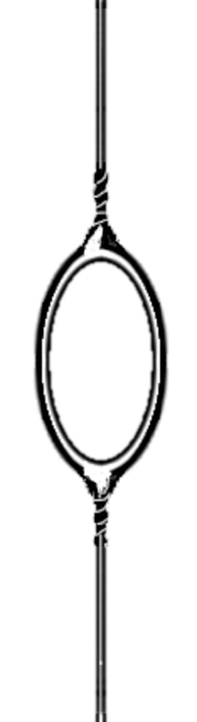 An abstract, vertical illustration features an elongated oval in the center, intersected by thin, straight lines at both ends. A horizontal elongated loop reminiscent of a Large Eye Insert Eye Heddle from Leclerc Looms cuts through the oval, creating a minimalist design akin to interwoven carbon steel strands.