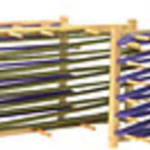 An abstract image shows a series of wavy, overlapping lines in green and blue, framed by a simple wooden structure. Resembling the Leclerc Warping Board by Leclerc Looms, the lines appear to be weaving through pegs on the frame, creating a visually intricate pattern.