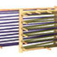 Three wooden Leclerc Warping Boards by Leclerc Looms, each featuring horizontal blue and green rungs arranged vertically. These ladder-like designs are aligned side by side, increasing in height from right to left.