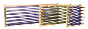 Three wooden Leclerc Warping Boards by Leclerc Looms, each featuring horizontal blue and green rungs arranged vertically. These ladder-like designs are aligned side by side, increasing in height from right to left.