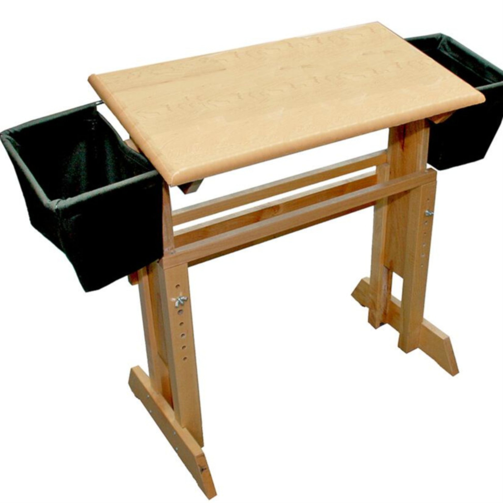 The Leclerc Bag for Benches by Leclerc Looms is a wooden standing desk with two black fabric storage bins attached on either side, offering ample storage space. The desk features an adjustable height with multiple settings on the legs. This simple and functional design is perfect for home or office use.