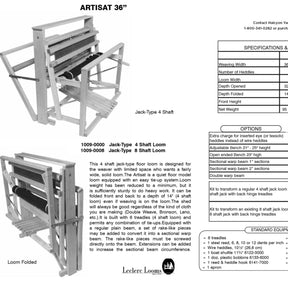 Black and white image of a Leclerc Looms "Artisat 4-Shaft Add-On Kit for 36" Artisat" product sheet. It features a Jack-Type 4 Shaft Loom with adjustable weaving width and back hinged treadle. Includes specifications, options, standard equipment, weaving pattern possibilities, and contact information.