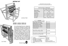 ALT text: The image illustrates the specifications and dimensions of the Leclerc Artisat 36" weaving loom by Leclerc Looms, featuring a 4-Shaft Add-On Kit. Details include width, weaving width, number of heddles, loom dimensions, and weight. The loom is displayed in both set-up and folded positions. Options such as back hinged treadle and an 8-shaft upgrade are available.
