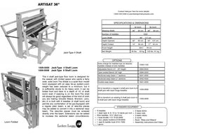 A brochure for the Leclerc Artisat 36" Floor Loom by Leclerc Looms. It includes two images of the loom in use and folded, dimensions, specifications, standard equipment details, and contact information. The loom features a jack-type 4 shaft and is designed for medium length weaving.