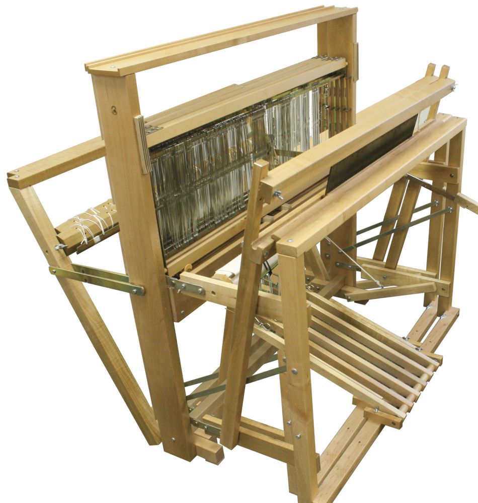 Introducing the Leclerc Artisat 36" Floor Loom by Leclerc Looms, an upright wooden weaving loom that includes a frame, beams, heddles, and treadles. This high-quality loom is in unused, pristine condition and ready for your weaving projects.