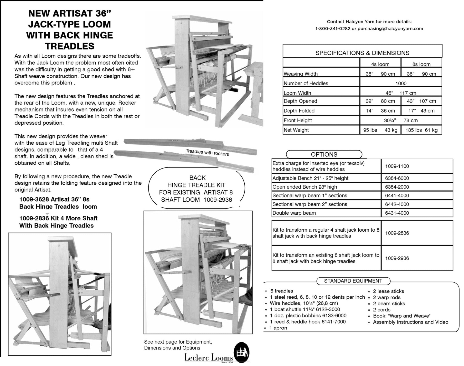 A detailed flyer featuring the "Leclerc New Artisat 8-Shaft Loom with Back Hinge Treadle Kit" from Leclerc Looms. Includes images of the loom, specifications, dimensions, features like the 8-shaft configuration and back hinged treadles, kit options, additional accessories, and contact information for Hickory Yarn.