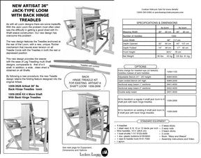 A detailed flyer featuring the "Leclerc New Artisat 8-Shaft Loom with Back Hinge Treadle Kit" from Leclerc Looms. Includes images of the loom, specifications, dimensions, features like the 8-shaft configuration and back hinged treadles, kit options, additional accessories, and contact information for Hickory Yarn.