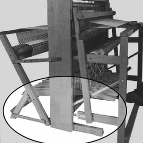 A grayscale image of an early 19th-century Jacquard loom. The photo focuses on the mechanical components and structure of the loom, with a particular emphasis on a circled section at the bottom, showcasing the detailed framework and intricate design, reminiscent of a Leclerc Looms' new Artisat 8-Shaft Loom Back Hinge Treadle Kit.