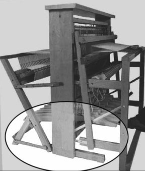 A black and white image of the Leclerc new Artisat 8-Shaft Loom Back Hinge Treadle Kit by Leclerc Looms, showcasing various beams, strings, and mechanical parts. The lower section of the loom is encircled by a black oval, emphasizing the back hinged treadles and structural supports.