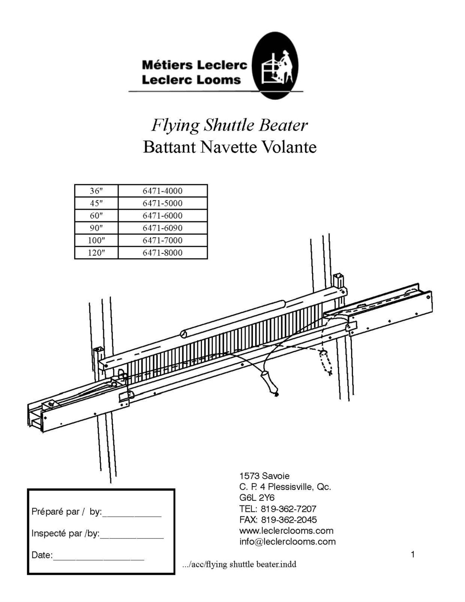 Illustrated manual page for the Leclerc Flying Shuttle Beater by Leclerc Looms. Ideal for weaving studios, it showcases different size options (36", 45", 60", 72", 90", 120") with corresponding item codes. Perfect for crafting wide fabrics, contact details and inspection details are listed at the bottom.