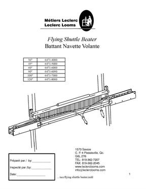 Illustrated manual page for the Leclerc Flying Shuttle Beater by Leclerc Looms. Ideal for weaving studios, it showcases different size options (36", 45", 60", 72", 90", 120") with corresponding item codes. Perfect for crafting wide fabrics, contact details and inspection details are listed at the bottom.