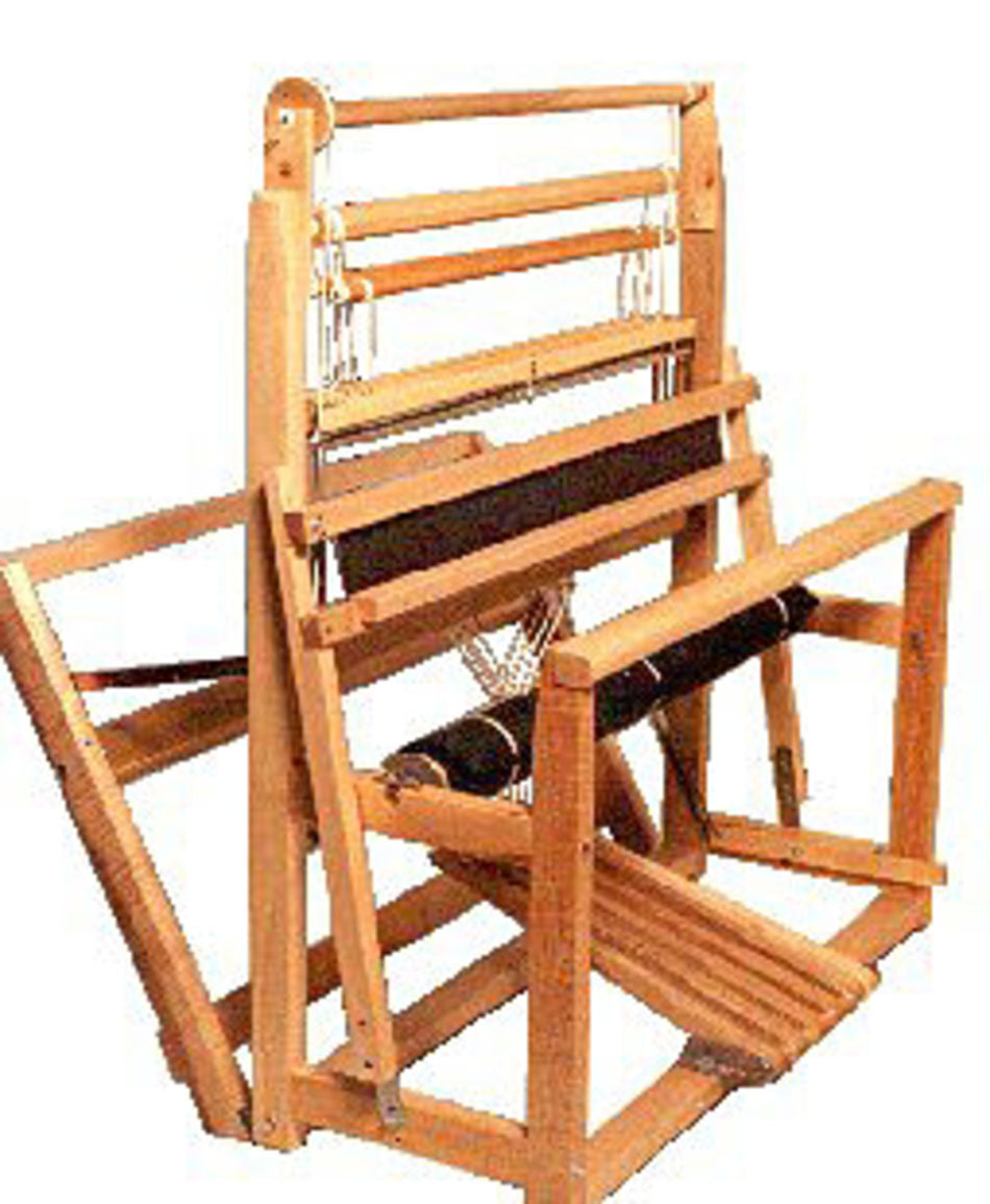 The Leclerc Fanny II 4-shaft Floor Loom by Leclerc Looms is a wooden handloom weaving machine featuring a detailed structure with various components, including a frame, pedals, and mechanisms for holding and manipulating threads. It showcases the traditional design used for textile weaving.