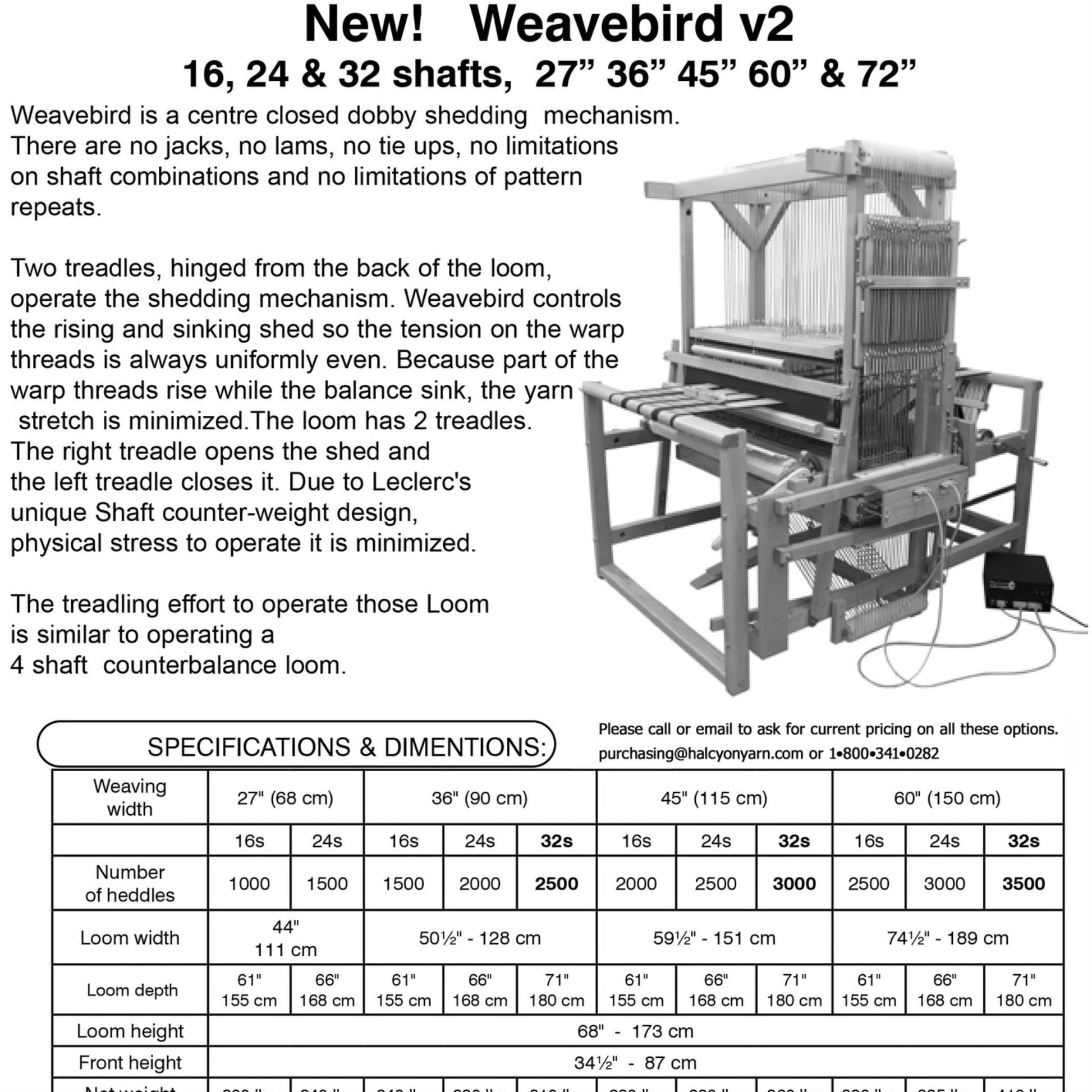 The image displays an advertisement for the "Leclerc Weavebird Overhead Beater Option" loom by Leclerc Looms, highlighting its specifications and dimensions. It notes the lack of jacks, lams, lifts, and limitations on shaft combinations. Additionally, the loom offers optional beater weights. The ad includes a table detailing size, weight, and other features.