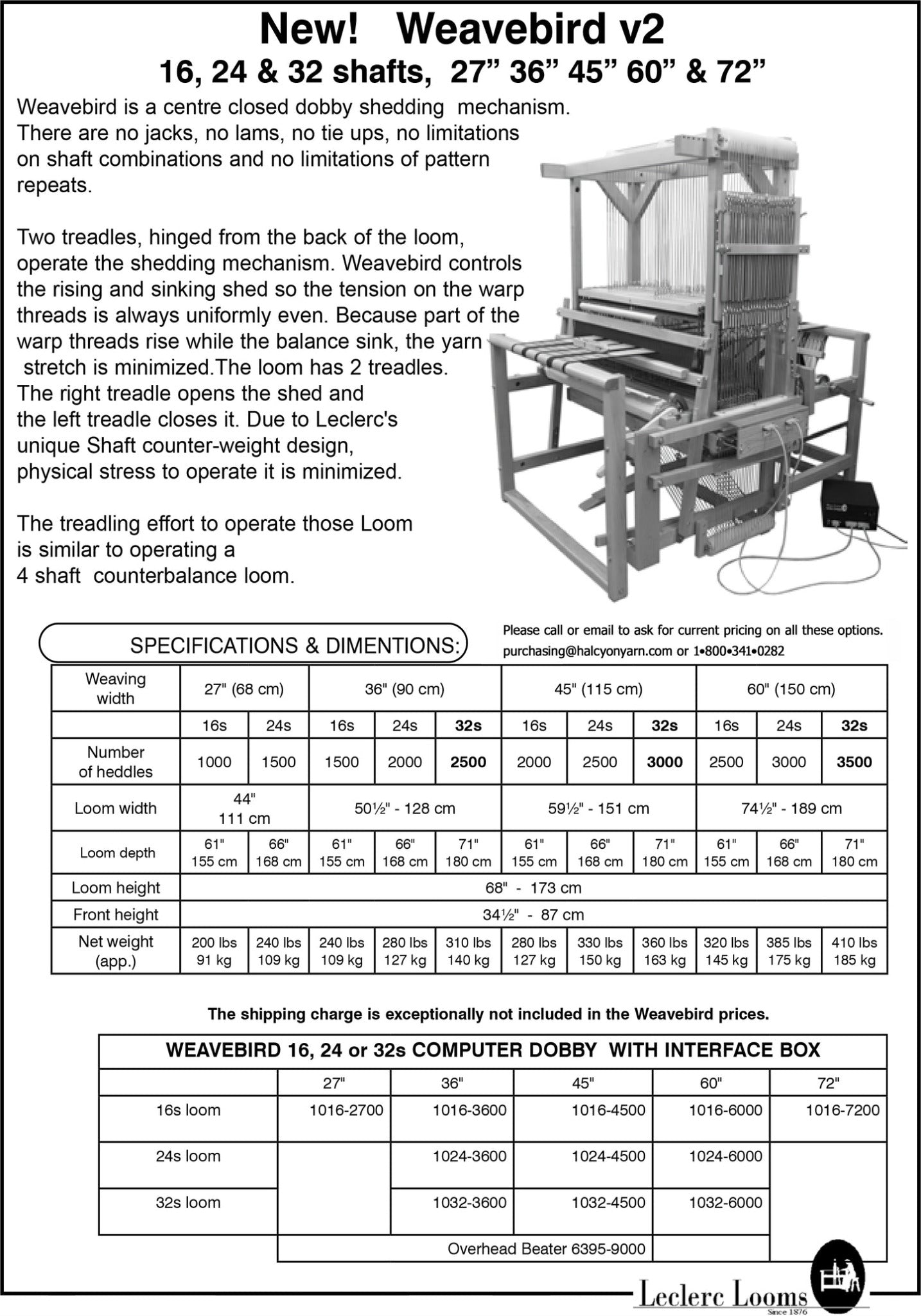 Black and white product flyer for the Leclerc Weavebird Overhead Beater Option by Leclerc Looms. Includes detailed information, such as specifications, features like optional beater weights, pricing, and contact information for sales and technical setup. An image of the beater option and a pricing chart is also shown.