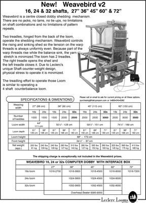 Black and white advertisement for the Leclerc Weavebird V2 Floor Loom by Leclerc Looms. The ad highlights features such as treadling effort, various shaft and weaving widths, and specifications. A table displays loom dimensions, weights, and pricing information.