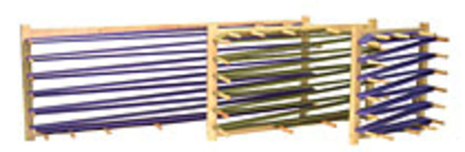 The Leclerc Warping Board by Leclerc Looms is a three-section wooden climbing structure for children, featuring purple and green horizontal bars arranged diagonally. Each section varies in width and height, with evenly spaced pegs creating a challenging play surface that resembles a warping board while also providing some storage underneath.