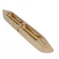 The Leclerc Double-Bobbin Boat Shuttle by Leclerc Looms features a smooth, elongated shape designed to hold two Leclerc bobbins in the center. Crafted from light-colored wood and appearing meticulously handcrafted, this shuttle includes a small emblem or marking engraved on one side. Its design ensures even tension weaving for optimal results.