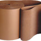 A large roll of WB Mason's Single Faced Corrugated Cardboard is partially unrolled, displaying its wavy, fluted texture. This sturdy cardboard, perfect for packaging or crafting purposes, is available in 5-yard increments.