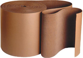 A large roll of WB Mason's Single Faced Corrugated Cardboard is partially unrolled, displaying its wavy, fluted texture. This sturdy cardboard, perfect for packaging or crafting purposes, is available in 5-yard increments.