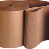 A large roll of WB Mason's Single Faced Corrugated Cardboard, measuring 5 yards, partly unfurled, rests against a plain background. The cardboard's ridges are visible, showcasing its flexible yet sturdy nature, ideal for packing and shipping applications.