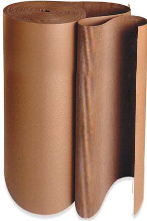 A large roll of WB Mason's Single Faced Corrugated Cardboard stands partially unrolled, revealing its wavy inner structure. The cardboard is brown, textured, and flexible, commonly used for packaging and shipping purposes. Displayed in 5-yard increments, the image showcases the material's form and texture.