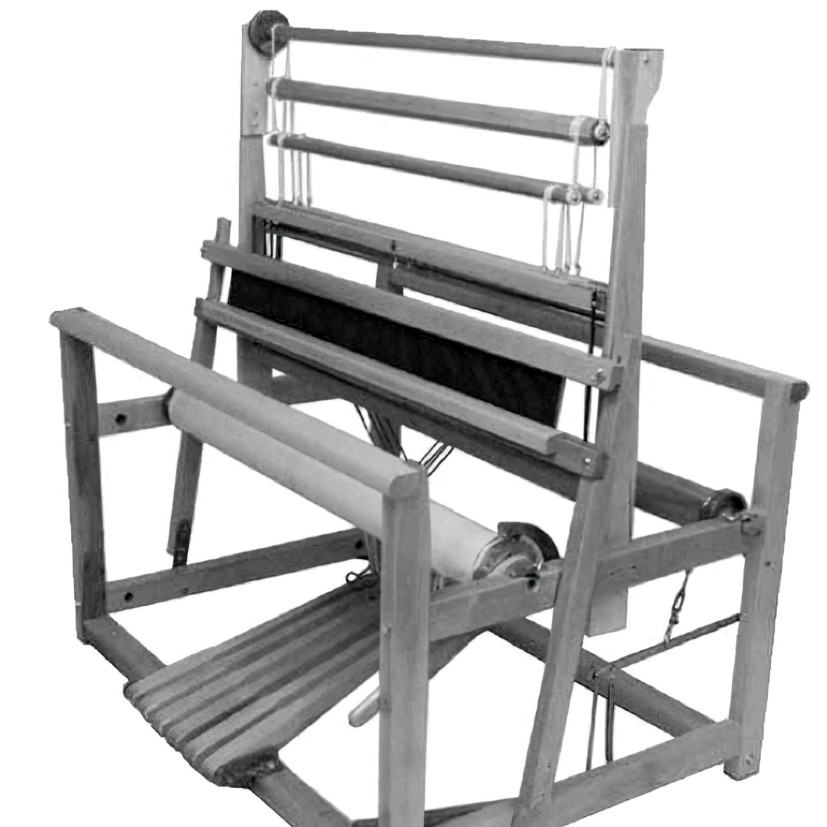 A black and white image features the Leclerc Mira II 4-shaft Counter-balanced Floor Loom by Leclerc Looms. This wooden loom showcases its frame, various rods, and pedals at the bottom. Strings and threads are intricately arranged, demonstrating the detailed setup for fabric production. The loom is positioned against a plain background.