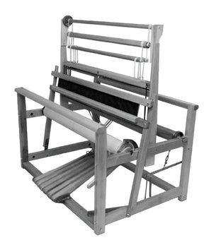 A black-and-white image showing a traditional Leclerc Mira II 4-shaft Counter-balanced Floor Loom from Leclerc Looms. The machine features a sturdy frame with multiple horizontal bars and pulleys, as well as a convenient foot pedal at the base.