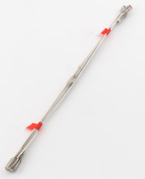 A pack of Wire Repair Heddles by Leclerc Looms, featuring twelve neatly twisted and wrapped metal wires resembling carpet warp, secured with two red plastic ties at each end, laid out on a plain white background.