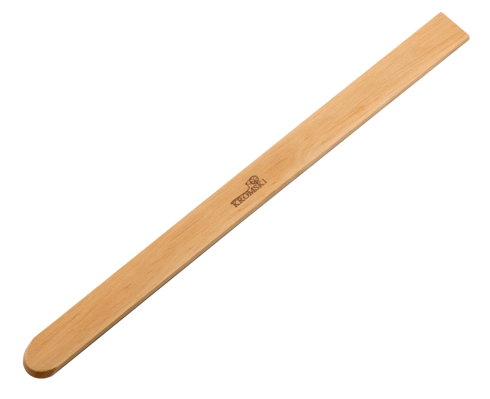 The Kromski Pickup Stick Clear from Kromski North America is a long, flat wooden stirrer with rounded edges and a stamped logo in the center. Resembling a weaving tool, this light-colored wood stick is oriented diagonally across a white background.