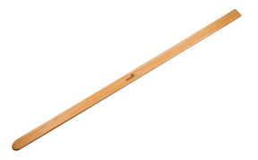 The Kromski Pickup Stick Clear by Kromski North America is a long, flat wooden tool with rounded edges, resembling a ruler or slat. It is an essential weaving tool featuring a smooth sanded surface and a small logo printed towards one end. The plain white background emphasizes its craftsmanship.