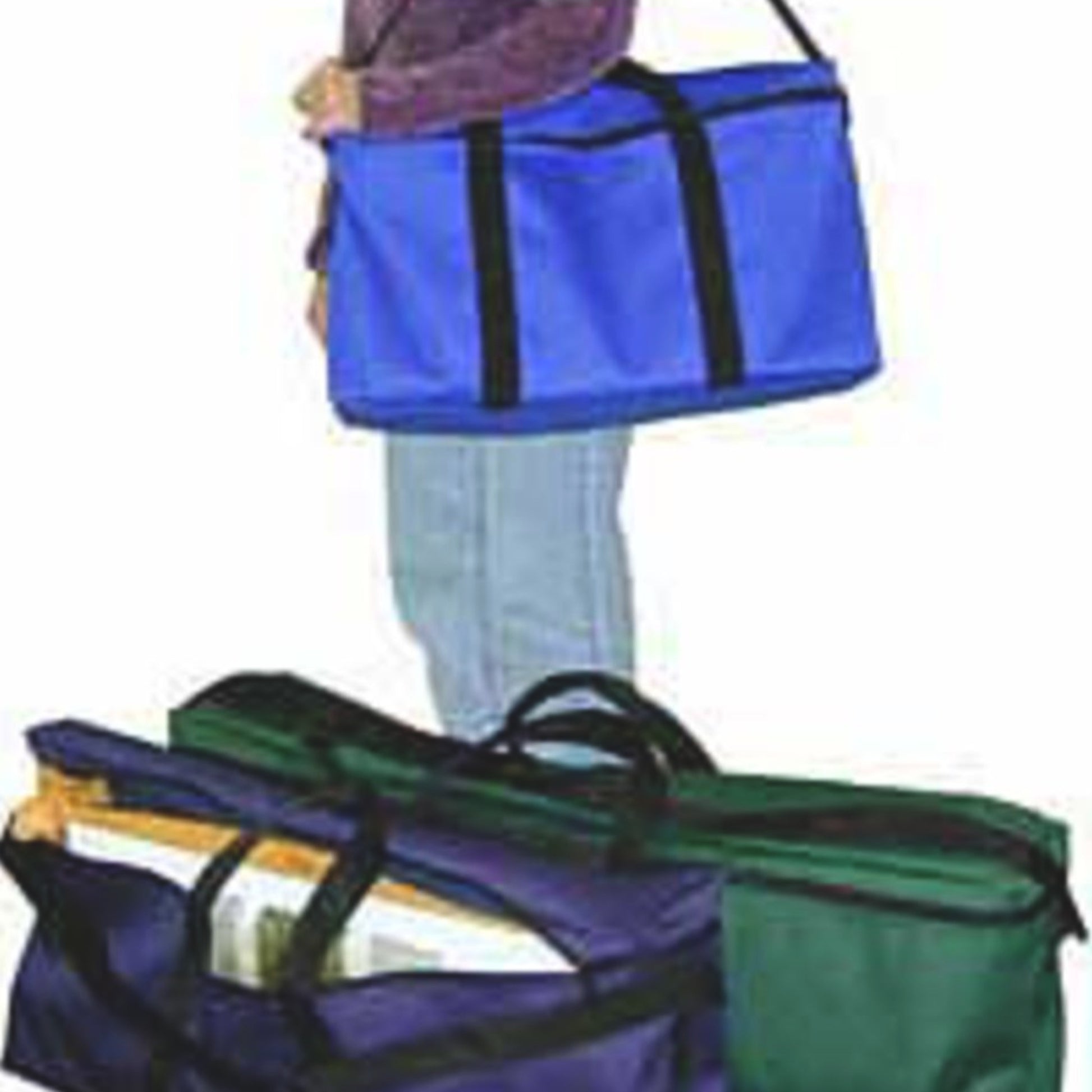 A person carries a large blue bag with black straps over their shoulder. Below them, two large bags rest on the ground: one dark blue and one dark green labeled as the Kromski Bag for Harp Rigid Heddle Loom by Kromski North America, both with black straps and partially unzipped to reveal contents inside. Nearby, a harp stands gracefully, adding an air of elegance to the scene.