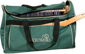 A Kromski Bag for Harp Rigid Heddle Loom in green, designed by Kromski North America, with black handles and trim. The bag is partially unzipped, offering a peek at a wooden Harp weaving loom inside. It includes a front pocket featuring the "Kromski" logo along with a wheel graphic.