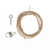 A set from Kromski North America, featuring a coiled piece of natural jute rope alongside a metal hook screw and a small metal loop, reminiscent of components from the Kromski Brake Band Set, is displayed on a plain white background with partial shadows.